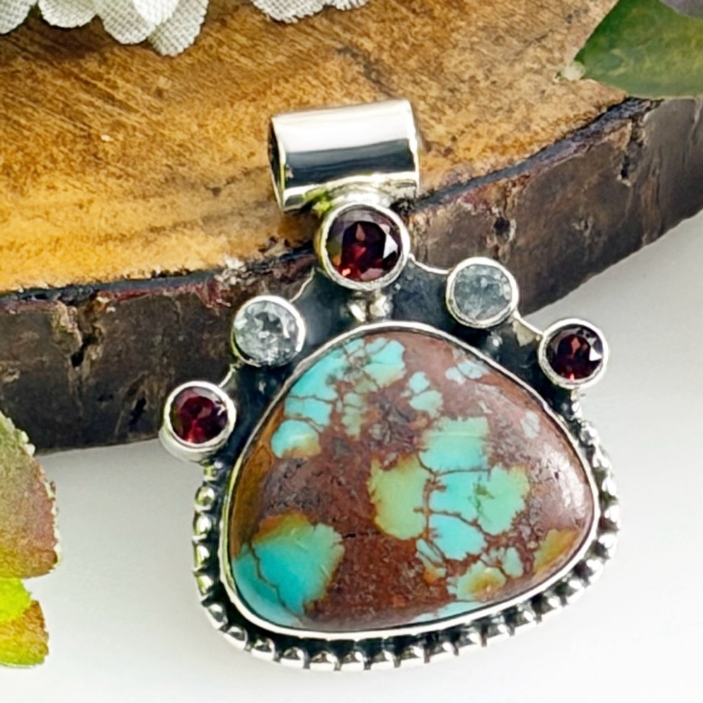 Sterling Silver 925 Red Garnet Turquoise Pendant Southwest Vintage Style